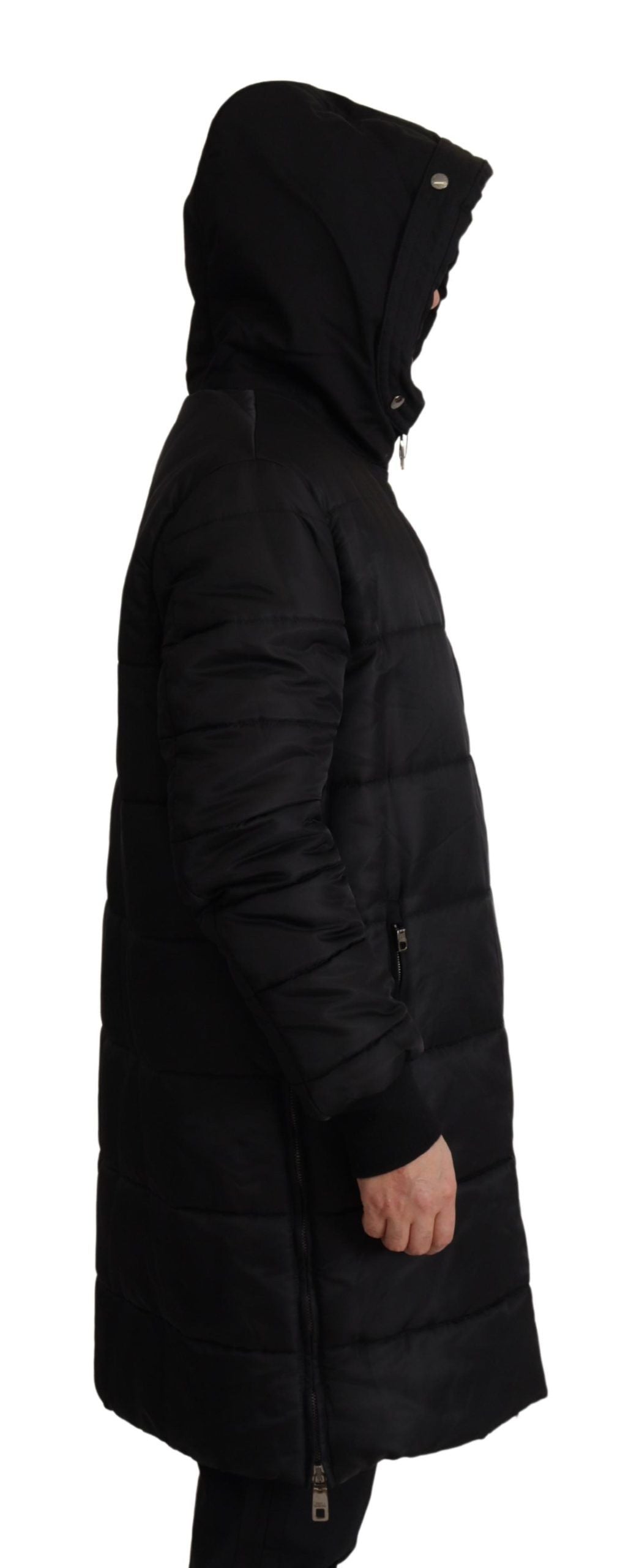 Schwarzer Nylon-Parka mit Kapuze, Winterjacke