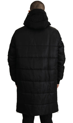 Schwarzer Nylon-Parka mit Kapuze, Winterjacke