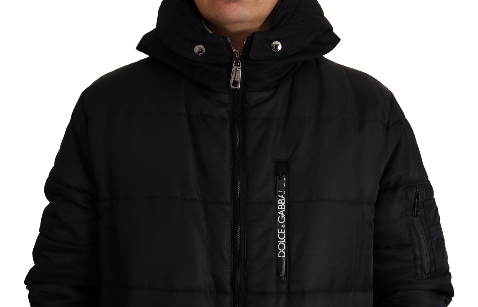 Schwarzer Nylon-Parka mit Kapuze, Winterjacke