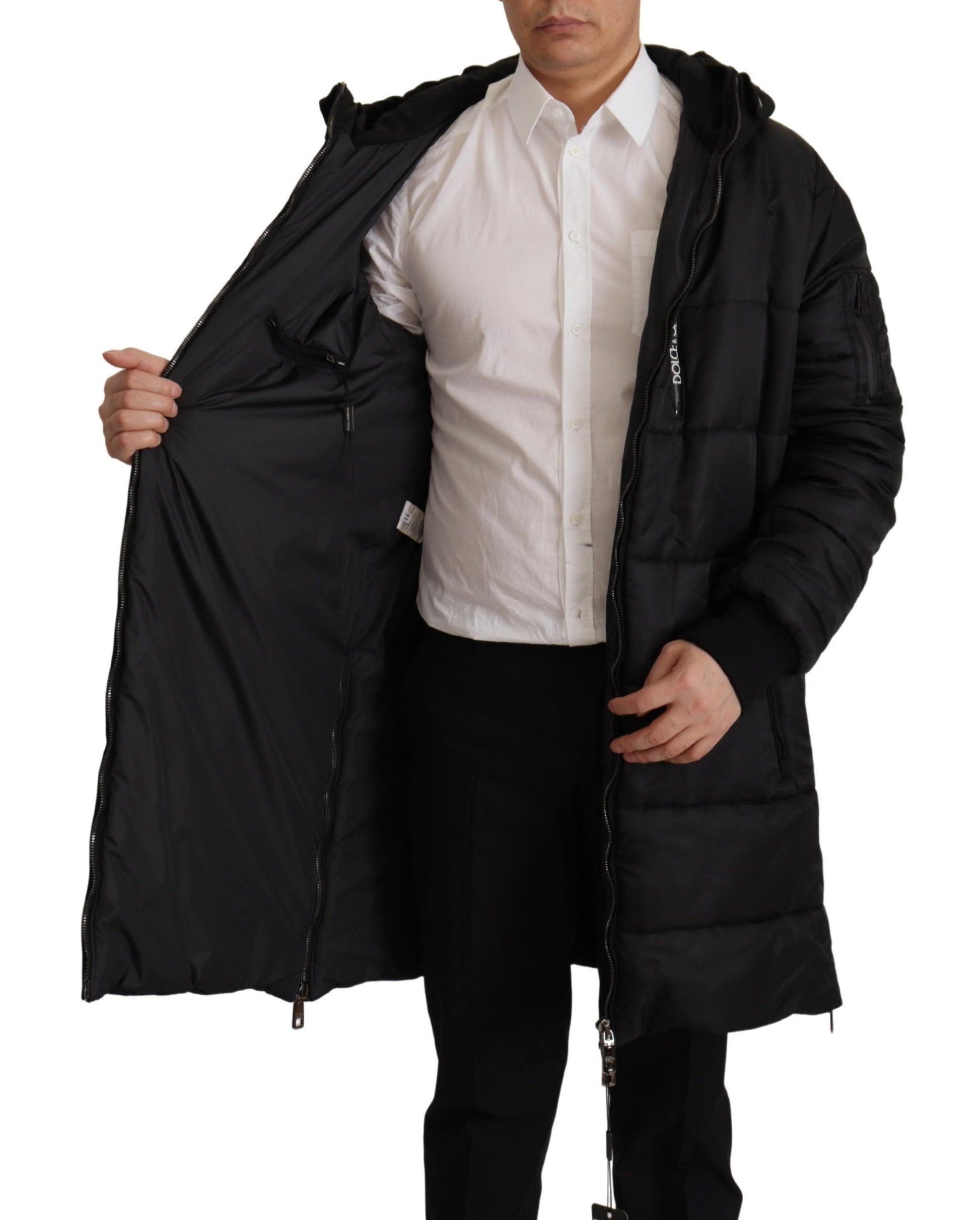 Schwarzer Nylon-Parka mit Kapuze, Winterjacke