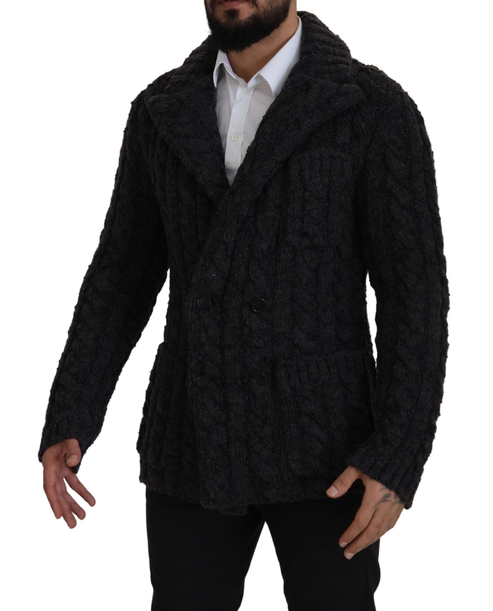 Schwarze zweireihige Wollstrickjacke