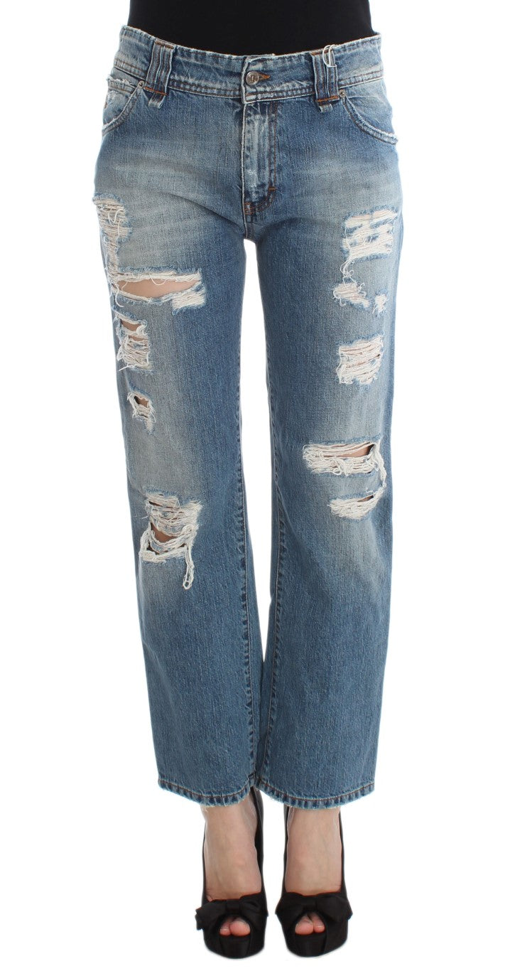 Blau verwaschene Boyfriend-Jeans aus Baumwolle
