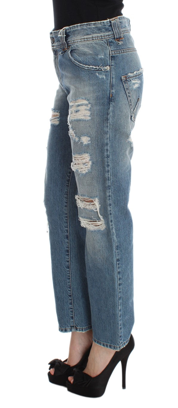 Blau verwaschene Boyfriend-Jeans aus Baumwolle