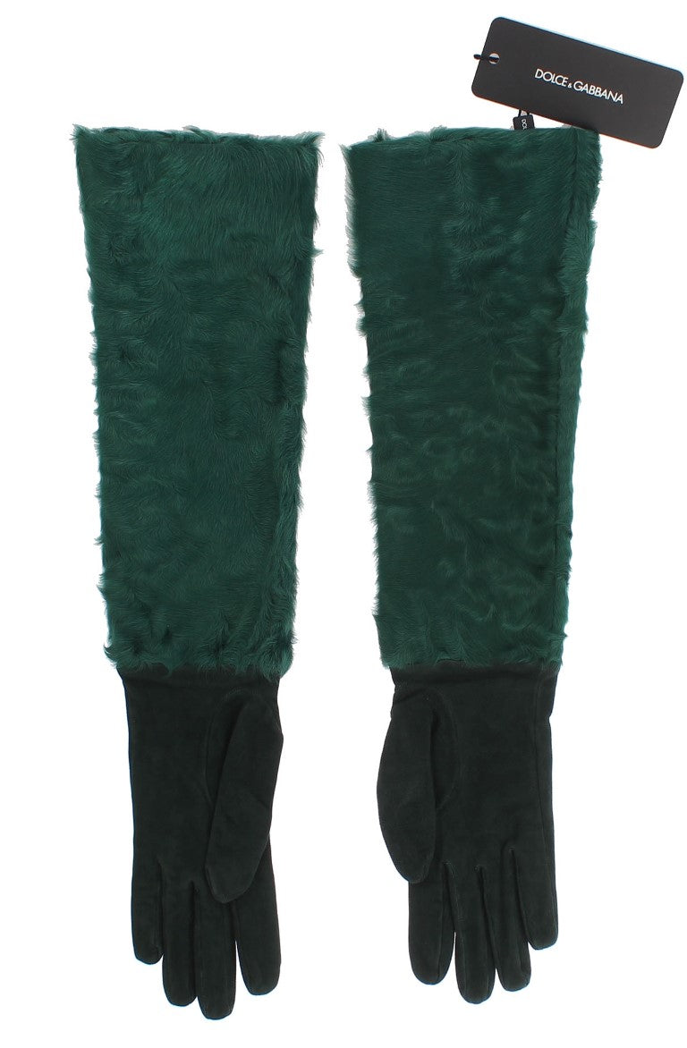 Grüne Xiangao-Pelz-Ellenbogenhandschuhe aus Leder