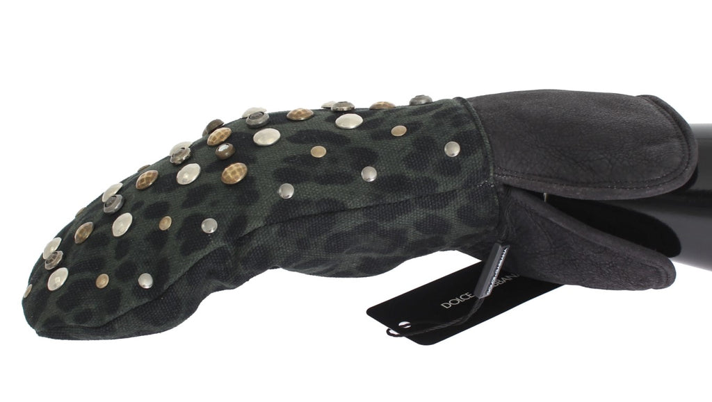 Graue Woll-Shearling-Handschuhe mit grünem Leopardenmuster und Nieten