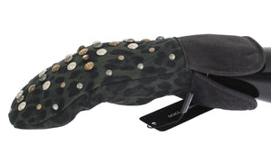 Graue Woll-Shearling-Handschuhe mit grünem Leopardenmuster und Nieten