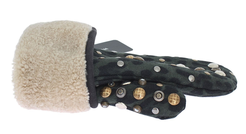 Graue Woll-Shearling-Handschuhe mit grünem Leopardenmuster und Nieten