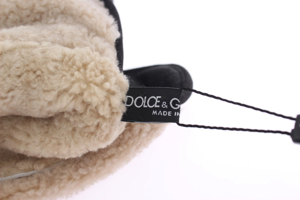 Graue Woll-Shearling-Handschuhe mit grünem Leopardenmuster und Nieten
