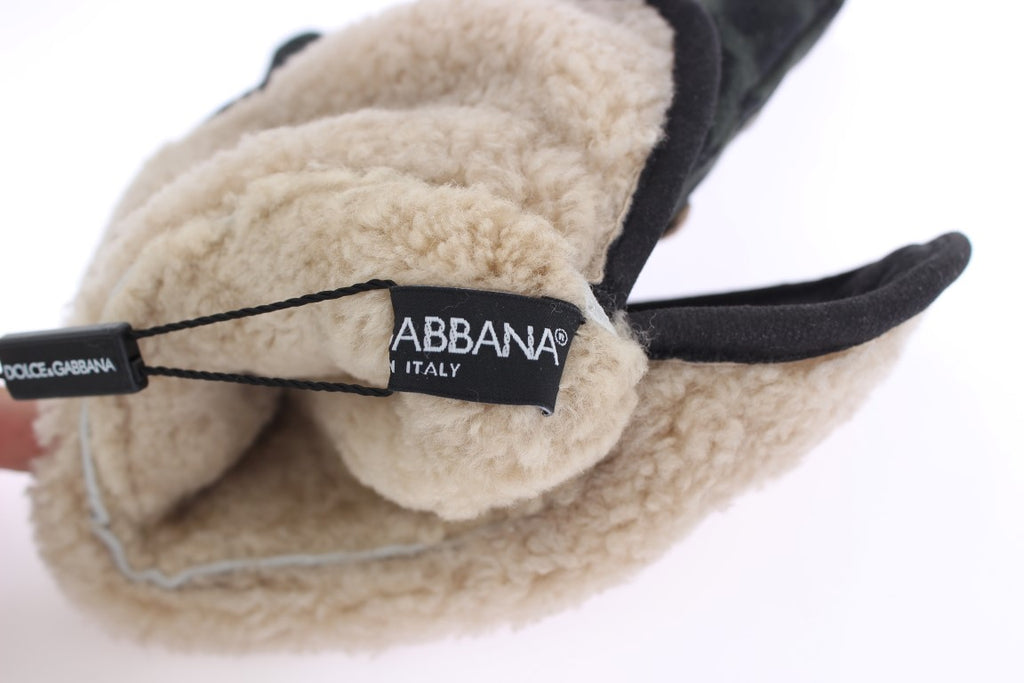 Graue Woll-Shearling-Handschuhe mit grünem Leopardenmuster und Nieten