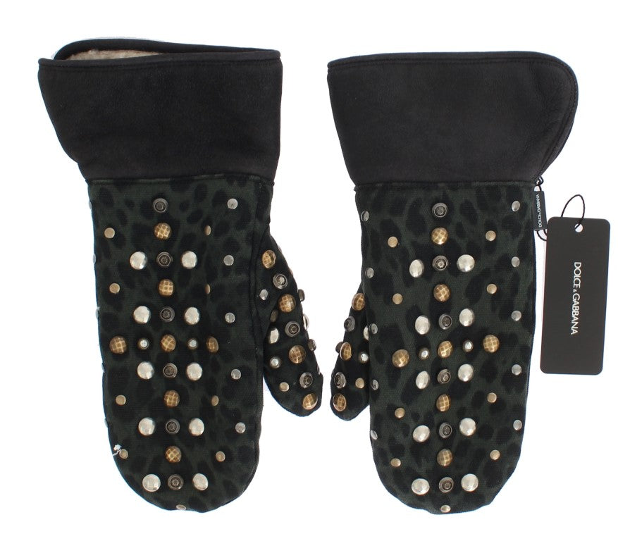 Graue Woll-Shearling-Handschuhe mit grünem Leopardenmuster und Nieten