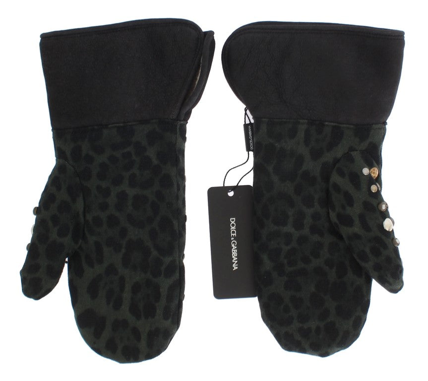 Graue Woll-Shearling-Handschuhe mit grünem Leopardenmuster und Nieten