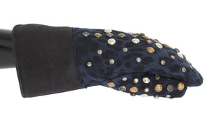 Graue Woll-Shearling-Handschuhe mit blauen Leopardenmuster und Nieten