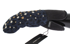 Graue Woll-Shearling-Handschuhe mit blauen Leopardenmuster und Nieten