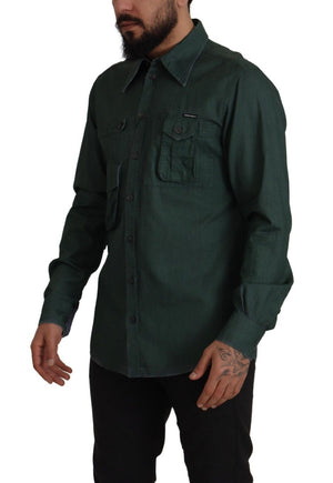 Dunkelgrünes Button-Down-Hemd mit langen Ärmeln