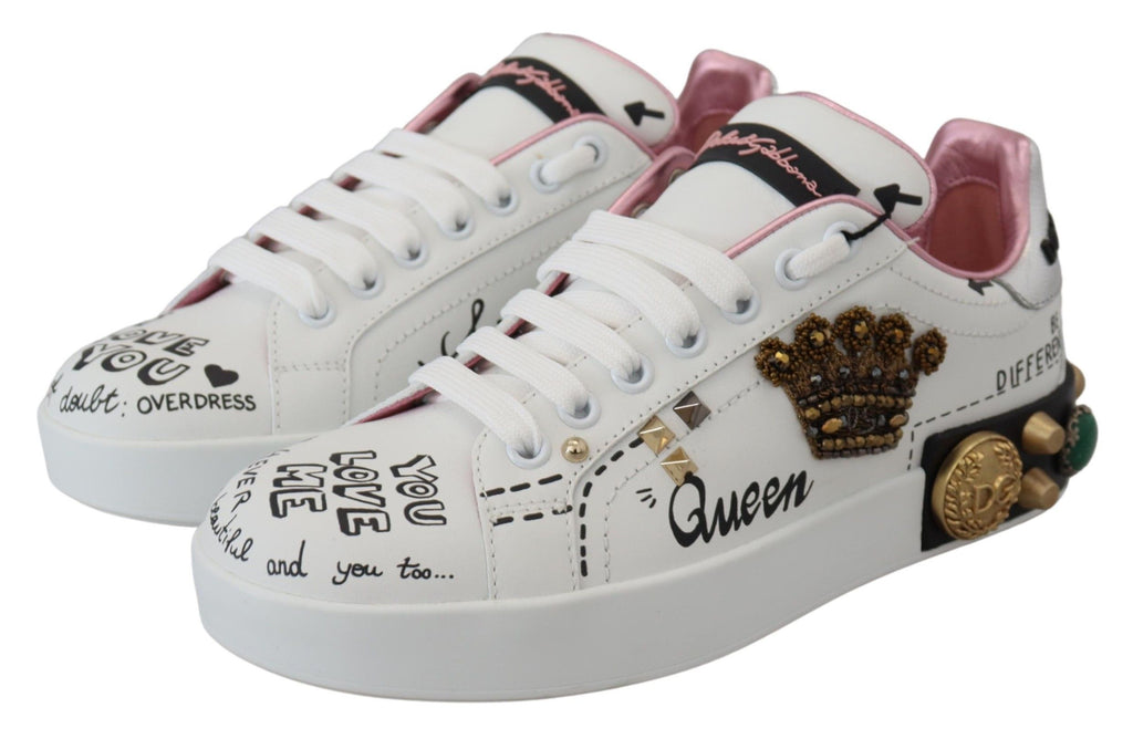 Weiße Leder Kristall Queen Crown Sneakers Schuhe
