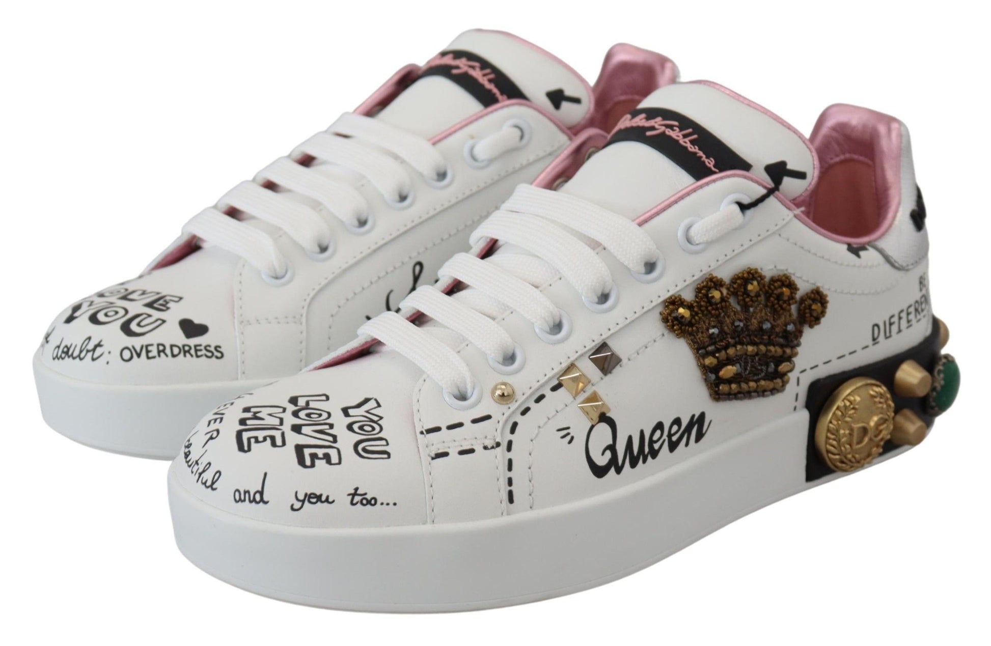 Weiße Leder Kristall Queen Crown Sneakers Schuhe