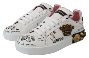 Weiße Leder Kristall Queen Crown Sneakers Schuhe