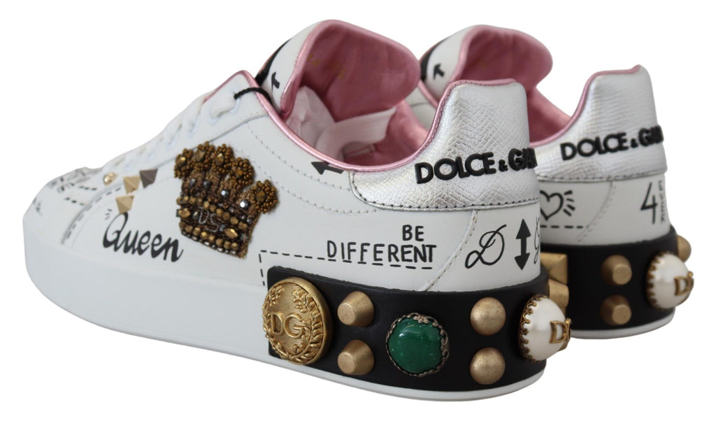 Weiße Leder Kristall Queen Crown Sneakers Schuhe