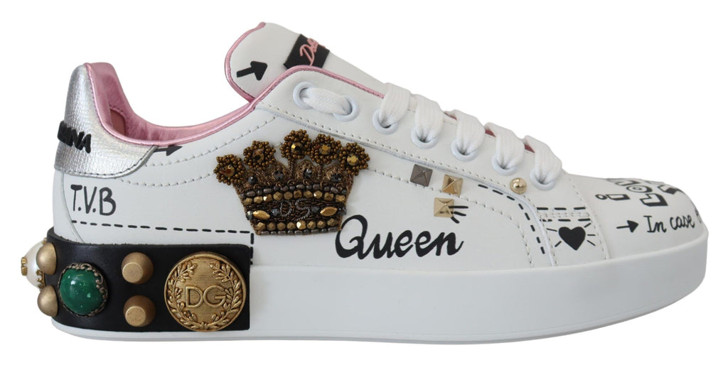 Weiße Leder Kristall Queen Crown Sneakers Schuhe
