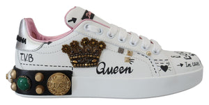 Weiße Leder Kristall Queen Crown Sneakers Schuhe