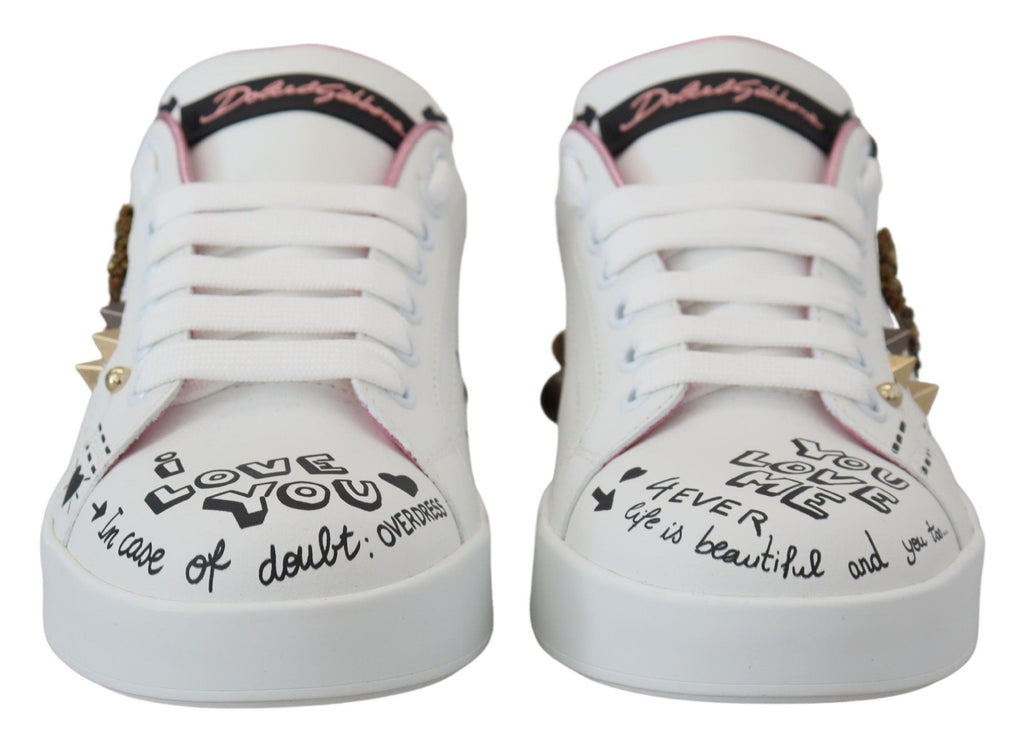 Weiße Leder Kristall Queen Crown Sneakers Schuhe