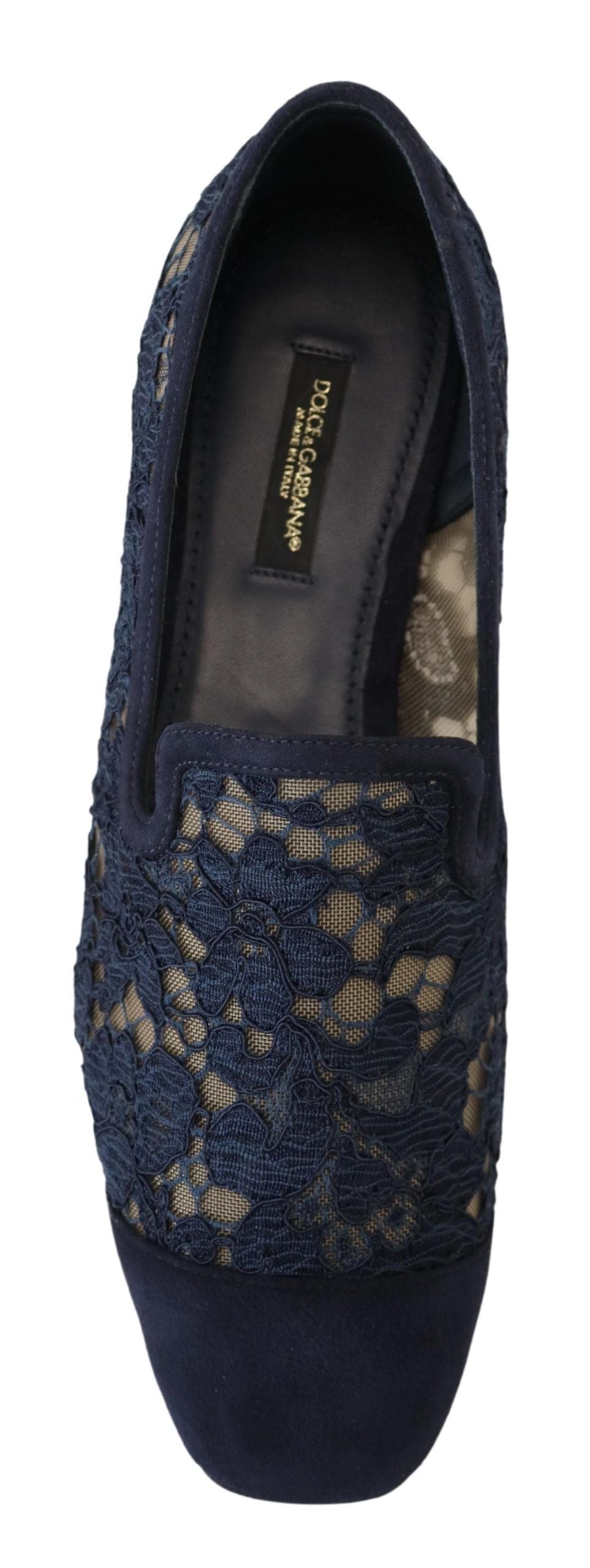 Blaue Slipper mit Blumenspitze