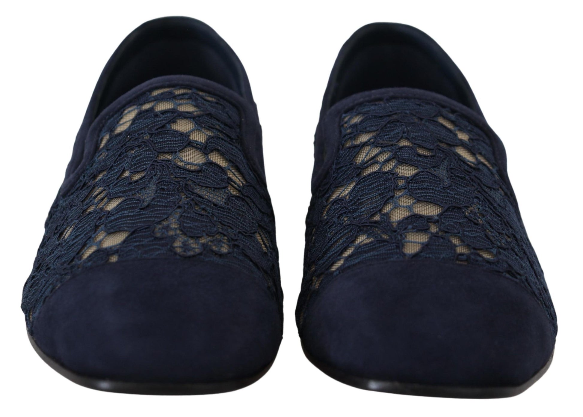 Blaue Slipper mit Blumenspitze