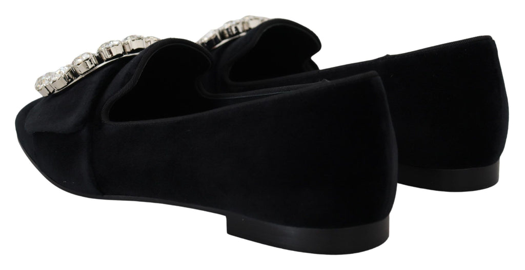 Schwarze Loafer aus Samt mit Kristallen