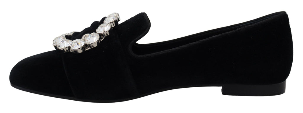 Schwarze Loafer aus Samt mit Kristallen