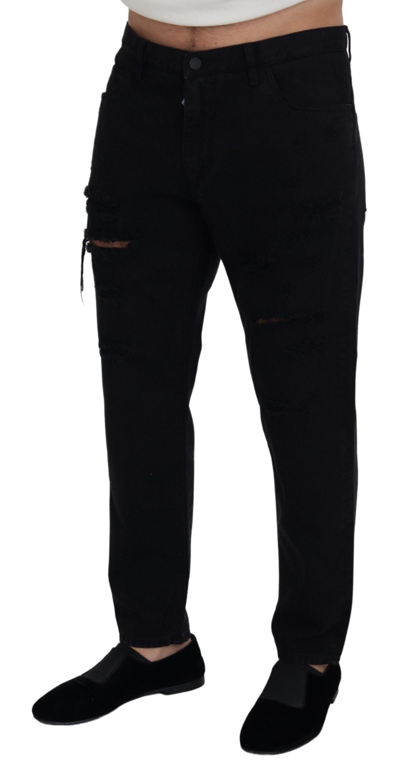 Schwarze, lockere, normale Jeans aus zerrissener Baumwolle