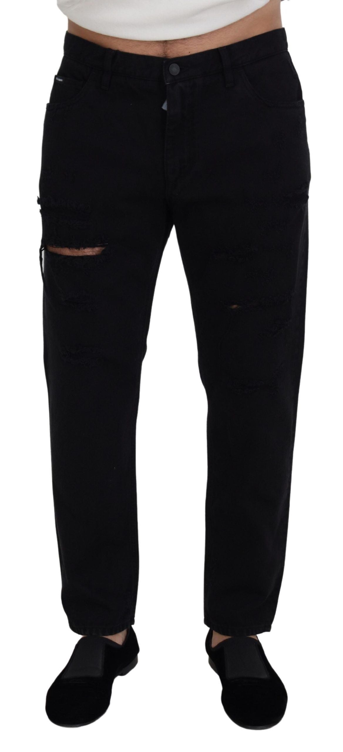 Schwarze, lockere, normale Jeans aus zerrissener Baumwolle