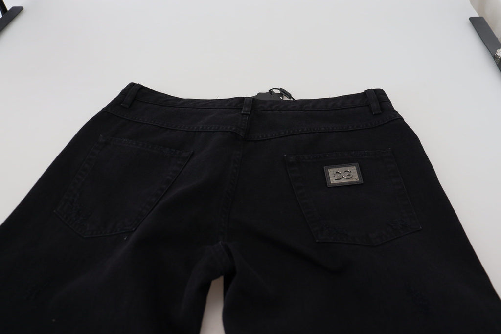 Schwarze, lockere, normale Jeans aus zerrissener Baumwolle