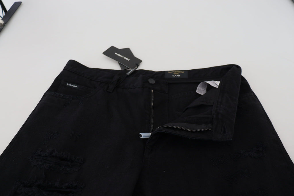 Schwarze, lockere, normale Jeans aus zerrissener Baumwolle