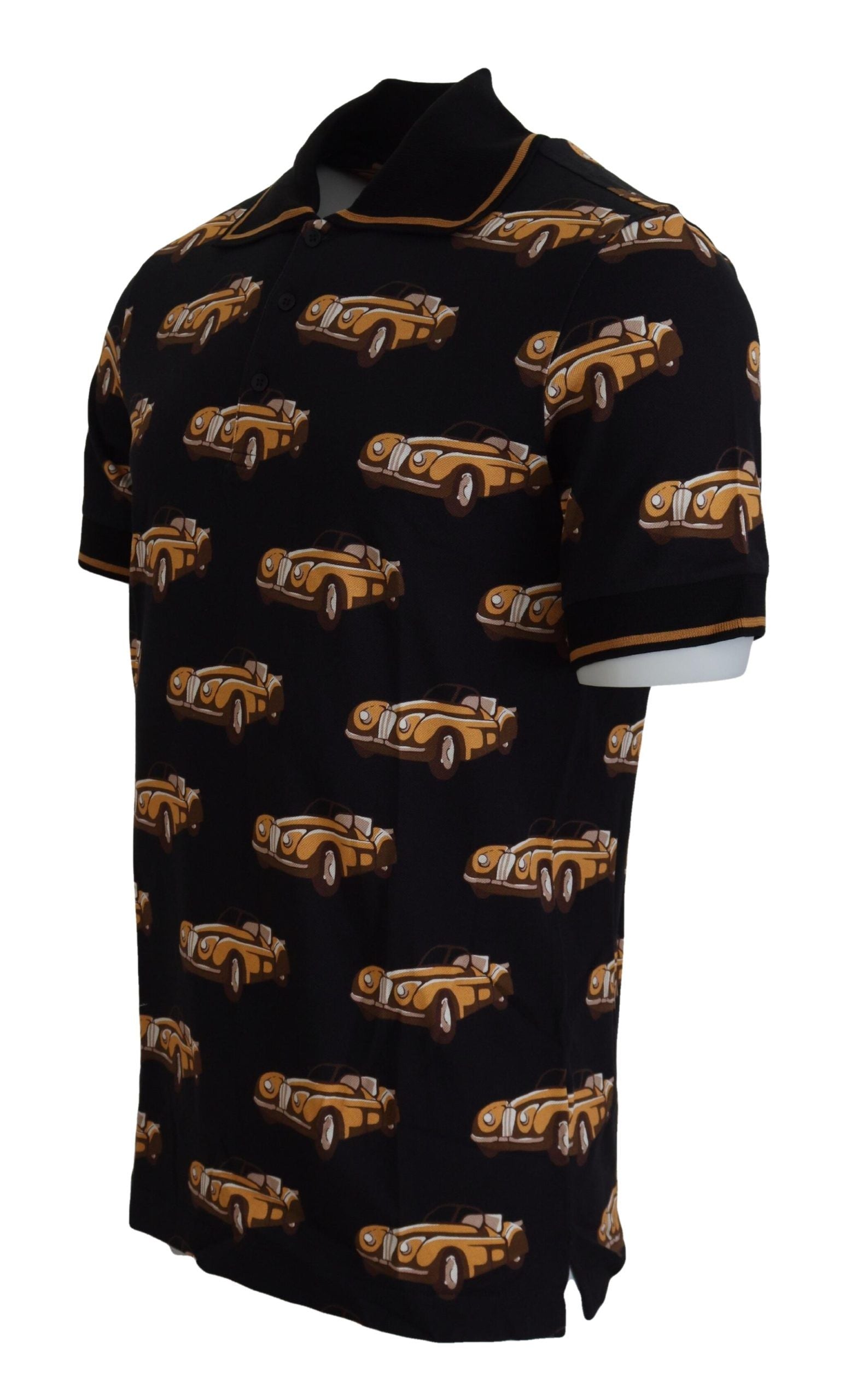 Schwarzes Poloshirt mit kurzen Ärmeln und Auto-Print