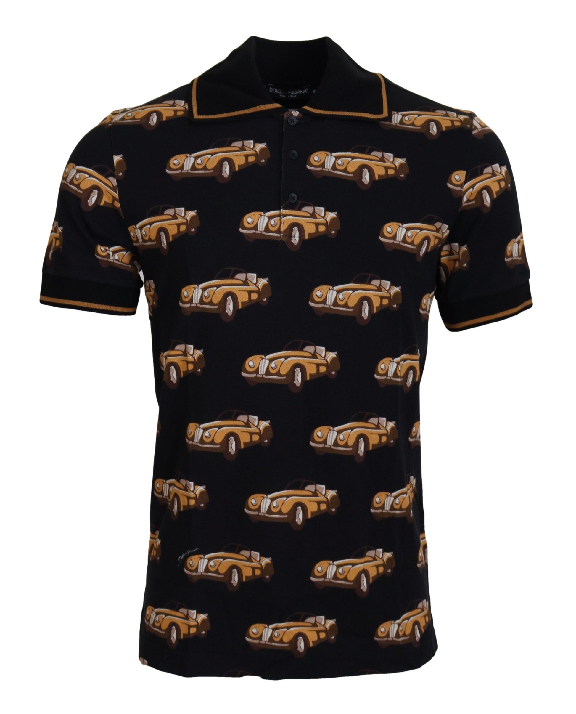 Schwarzes Poloshirt mit kurzen Ärmeln und Auto-Print