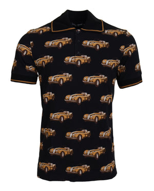 Schwarzes Poloshirt mit kurzen Ärmeln und Auto-Print