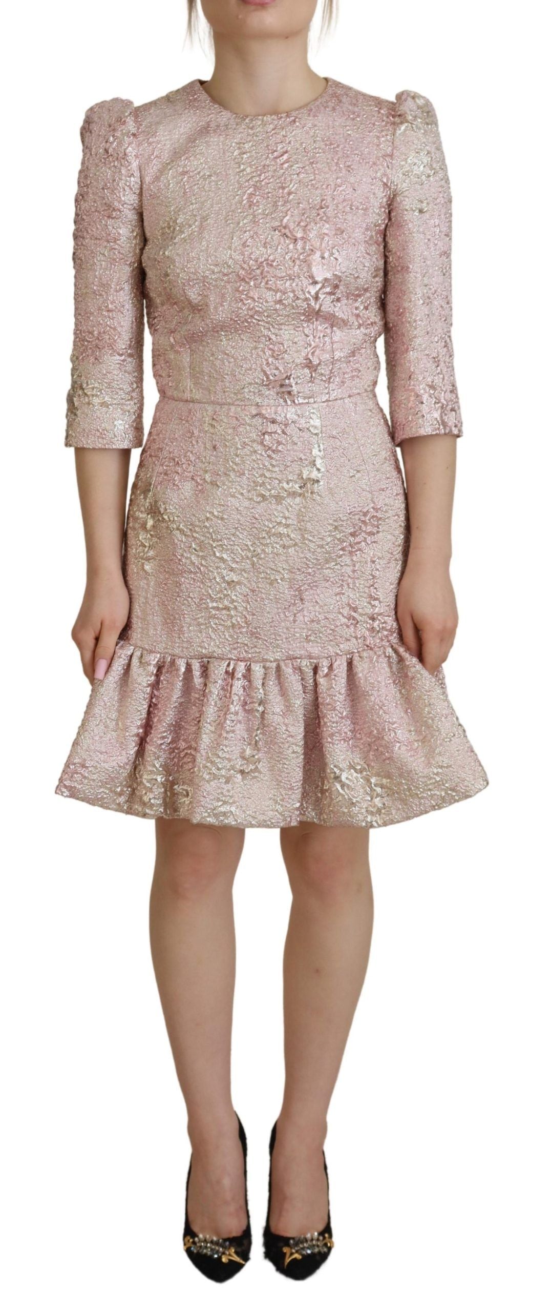 Rosa Jaquard-Midikleid mit 3/4-Ärmeln