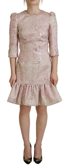 Rosa Jaquard-Midikleid mit 3/4-Ärmeln