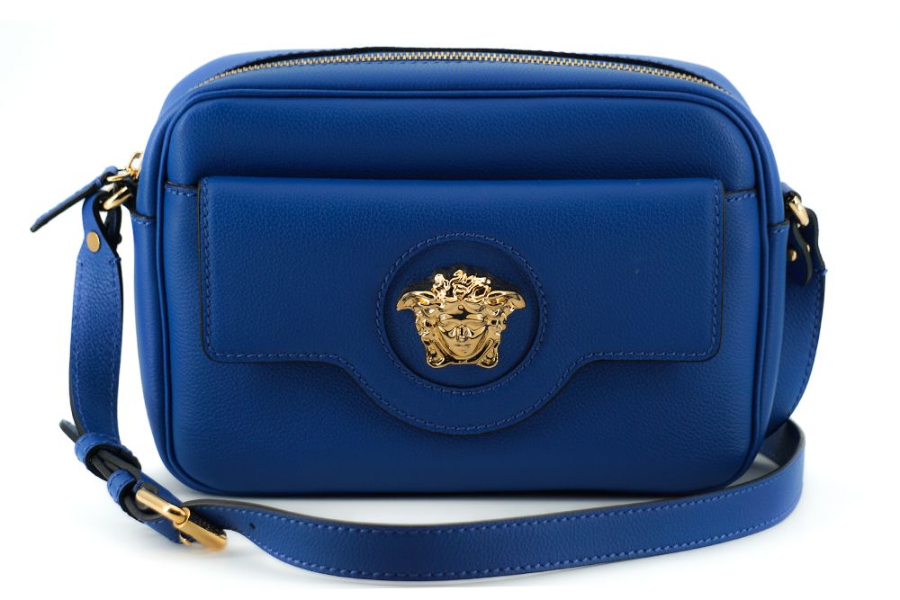 Elegante blaue Kameratasche aus Kalbsleder