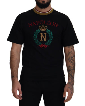 Schwarzes T-Shirt mit Rundhalsausschnitt und Stickerei aus Baumwolle