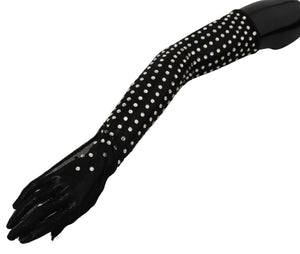 Schwarze, ellenbogenlange Handschuhe aus Baumwolltüll mit Kristallen