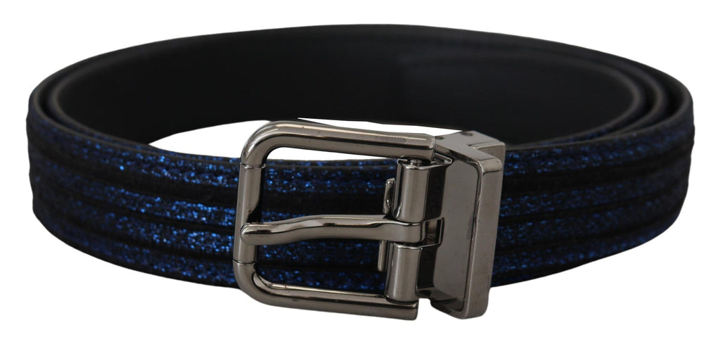 Blauer Jacquard-Gürtel mit Streifen und silberner Schnalle