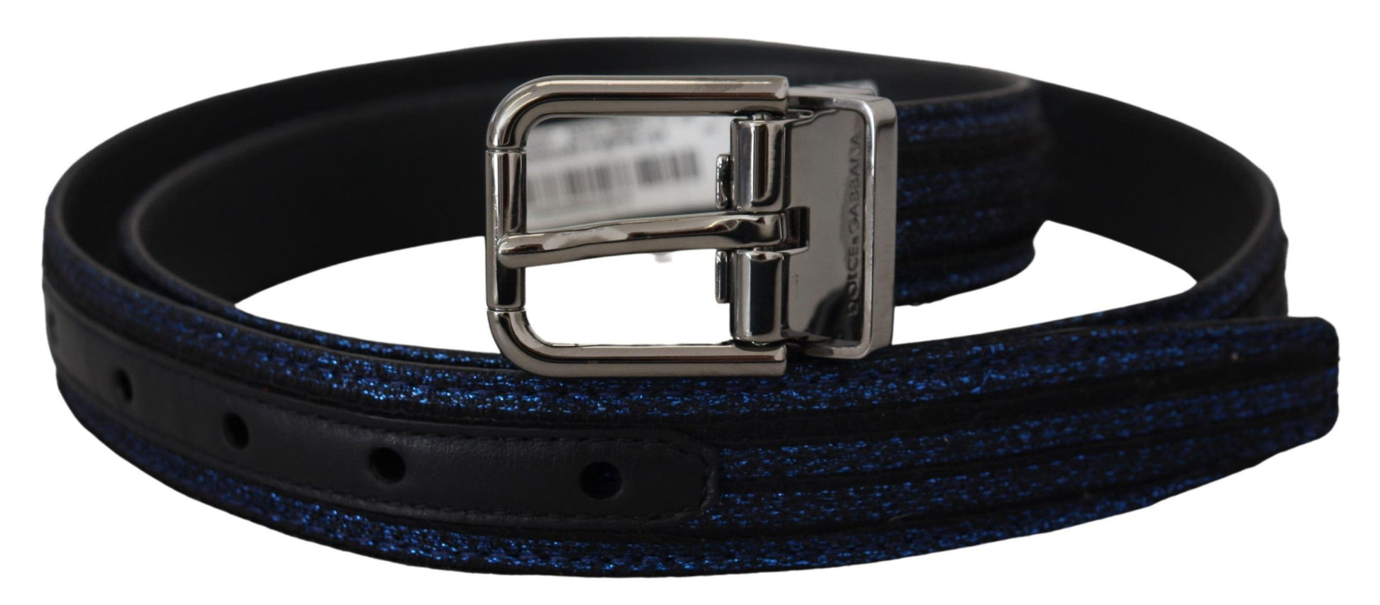 Blauer Jacquard-Gürtel mit Streifen und silberner Schnalle