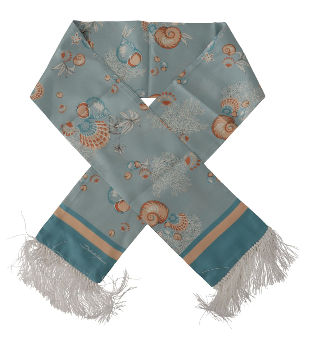 Blauer Seidenschal mit glänzendem Muschel-Print und Fransen