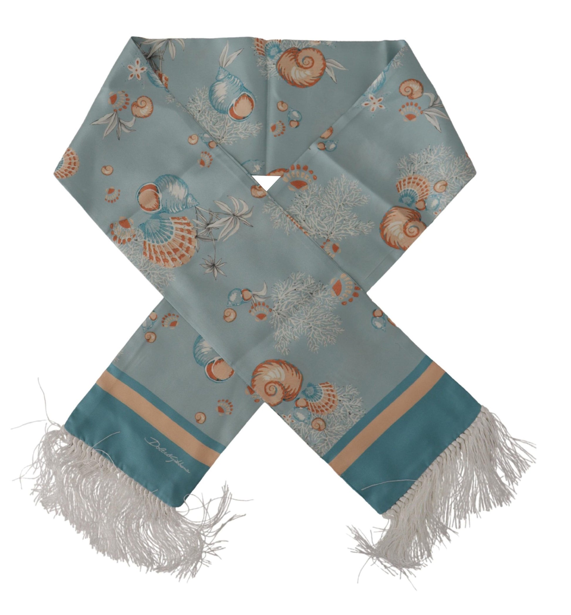 Blauer Seidenschal mit glänzendem Muschel-Print und Fransen