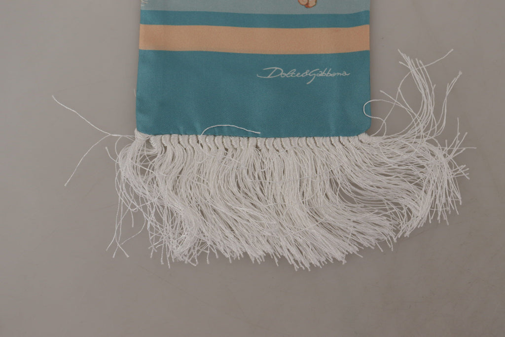 Blauer Seidenschal mit glänzendem Muschel-Print und Fransen