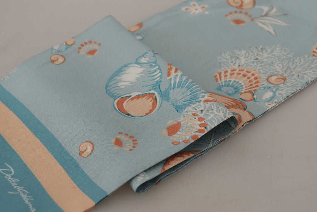 Blauer Seidenschal mit glänzendem Muschel-Print und Fransen