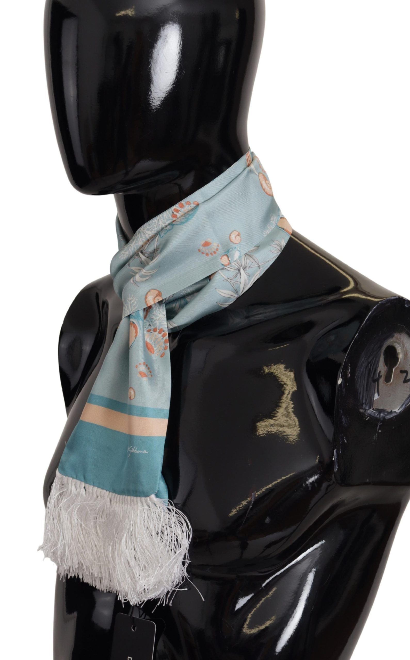 Blauer Seidenschal mit glänzendem Muschel-Print und Fransen