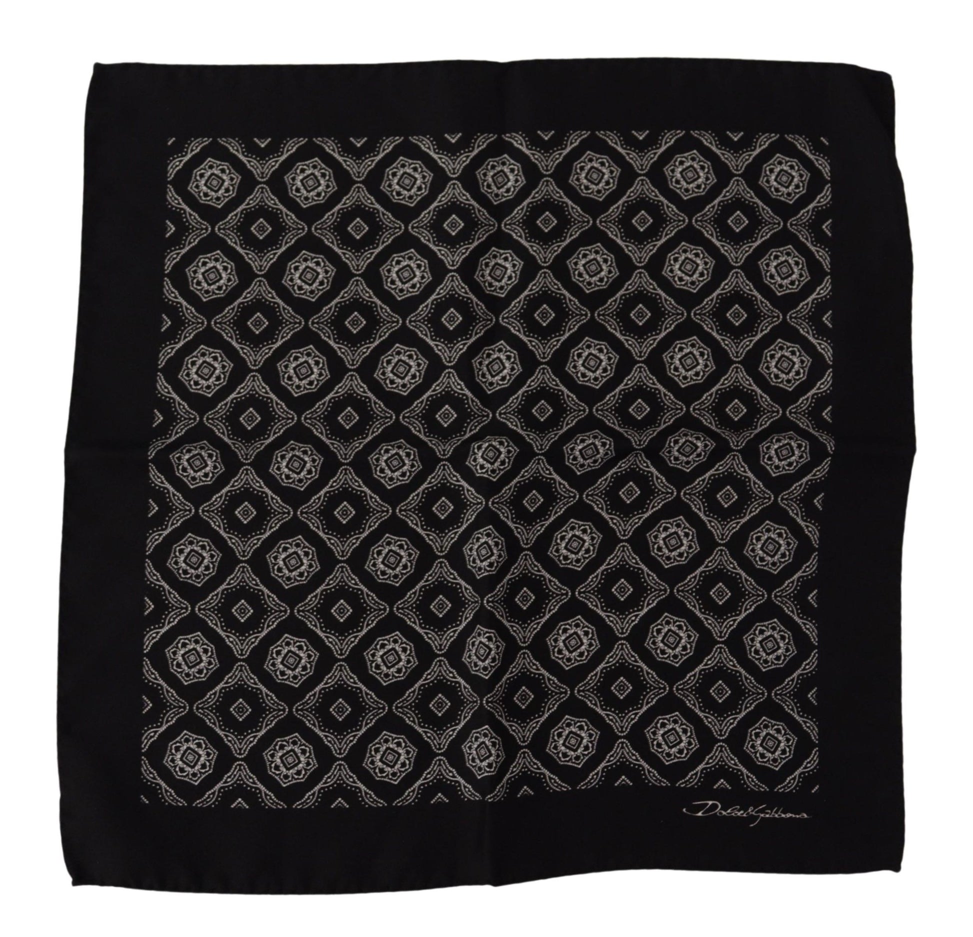 Schwarzer quadratischer Taschentuchschal mit geometrischem Muster