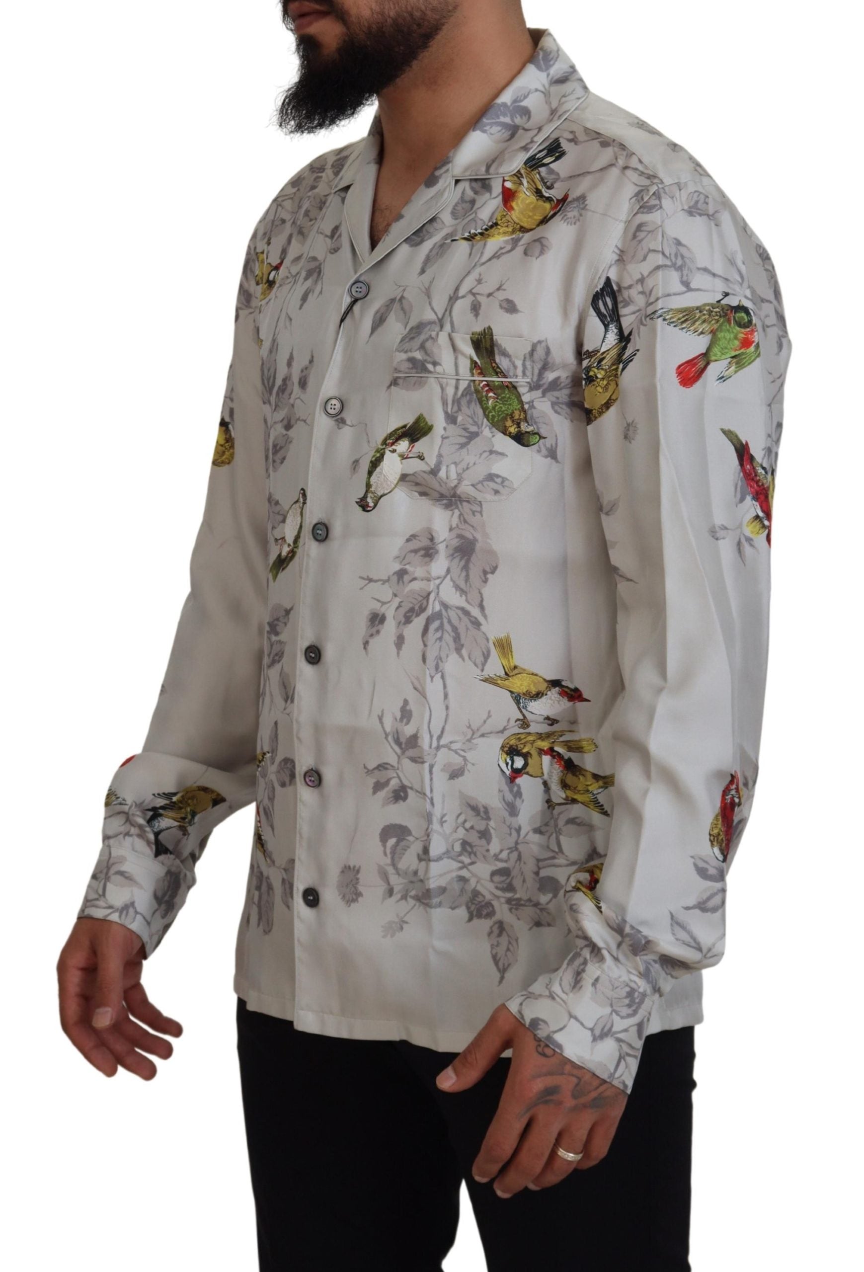 Weißes Freizeithemd aus Seidensatin mit Vogelprint